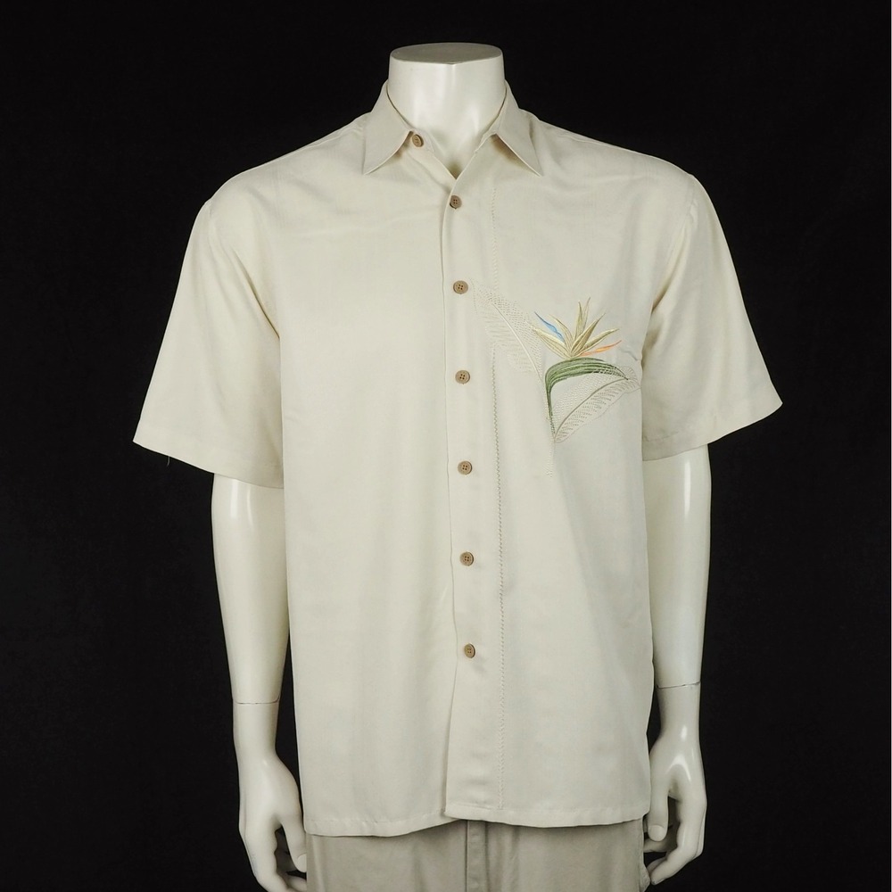 Bamboo Cay Hawaiian Shirt Mens Medium Beige Floral Embroidered Camp Travel